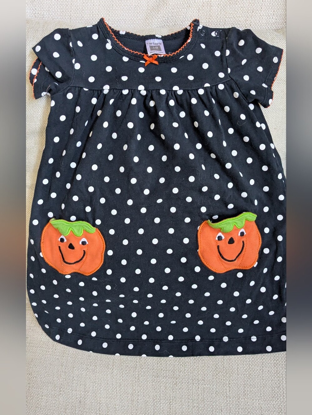 Carter's Black & White Polka Dot Pumpkin Pocket Dress - Orange Accent